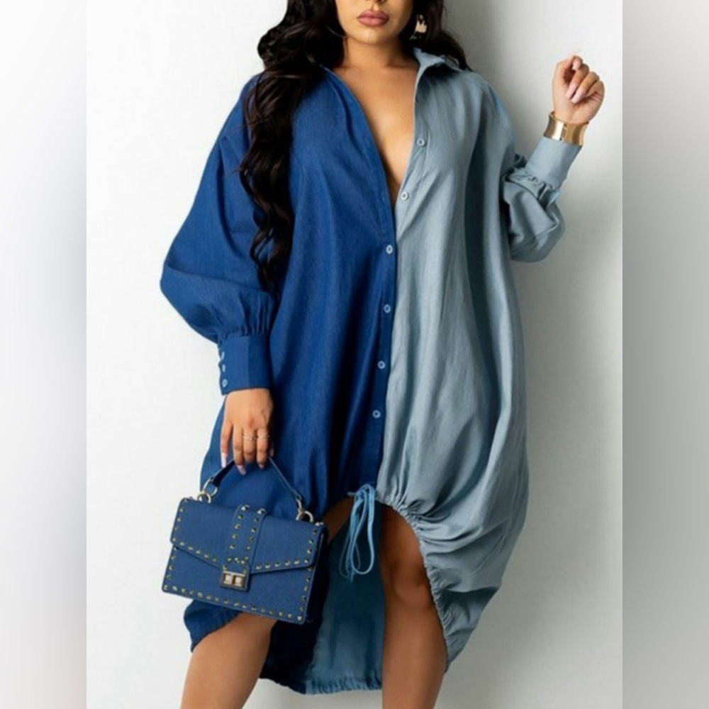 Denim Two-Tone Button-Up Dress